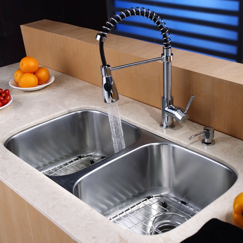 Kraus 32.25" x 18.5" Double Basin Undermount Kitchen Sink Set with